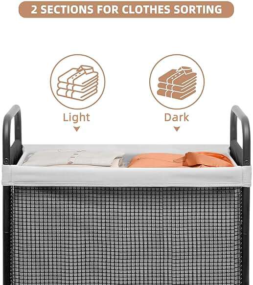STORAGE MANIAC Rolling Laundry Hamper with Wheels 2-Section Laundry Sorter Rolling Laundrys Basket on Wheels with Removable Bag Clothes Hamper Laundrys Organizer Cart Bathroom Bedroom 100L Grey - Image 6