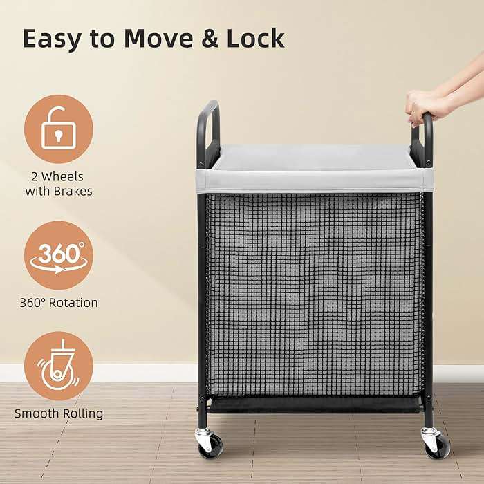 STORAGE MANIAC Rolling Laundry Hamper with Wheels 2-Section Laundry Sorter Rolling Laundrys Basket on Wheels with Removable Bag Clothes Hamper Laundrys Organizer Cart Bathroom Bedroom 100L Grey - Image 7