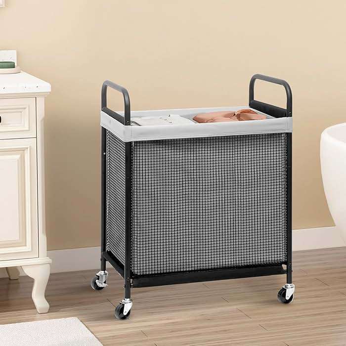 STORAGE MANIAC Rolling Laundry Hamper with Wheels 2-Section Laundry Sorter Rolling Laundrys Basket on Wheels with Removable Bag Clothes Hamper Laundrys Organizer Cart Bathroom Bedroom 100L Grey - Image 8