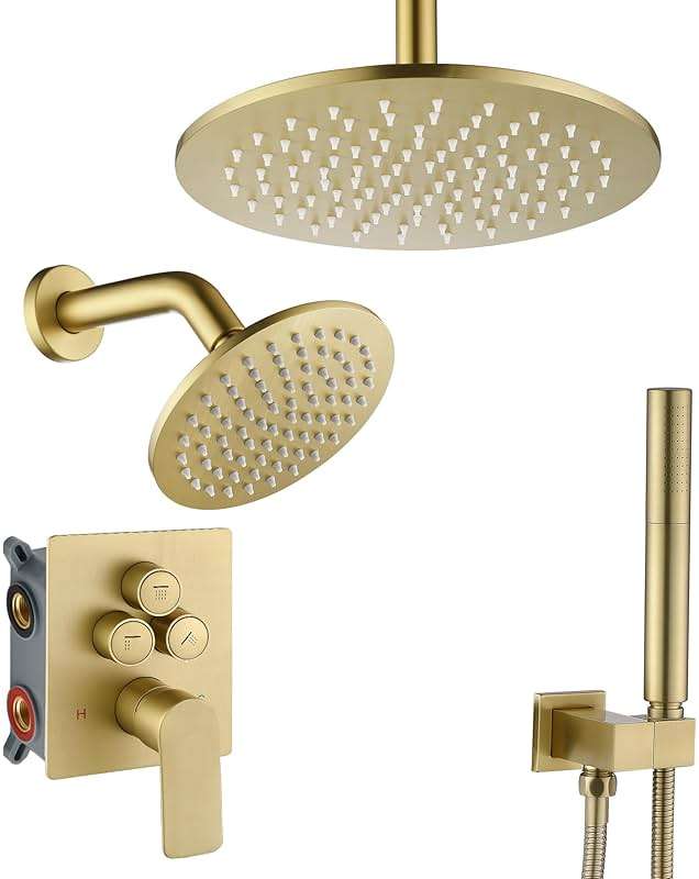 Tomfaucet Rain Shower System, Push Button Diverter Shower Faucet Set with 2 in 1 Handheld Spray, Wall Mount Shower, Ceiling Mount Shower Head 3-Function Rainfall Shower System-Brushed Gold - Image 1