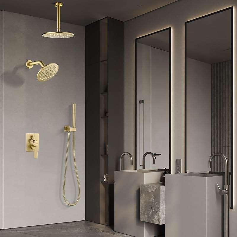 Tomfaucet Rain Shower System, Push Button Diverter Shower Faucet Set with 2 in 1 Handheld Spray, Wall Mount Shower, Ceiling Mount Shower Head 3-Function Rainfall Shower System-Brushed Gold - Image 2
