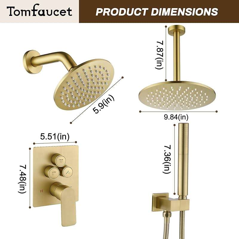 Tomfaucet Rain Shower System, Push Button Diverter Shower Faucet Set with 2 in 1 Handheld Spray, Wall Mount Shower, Ceiling Mount Shower Head 3-Function Rainfall Shower System-Brushed Gold - Image 3