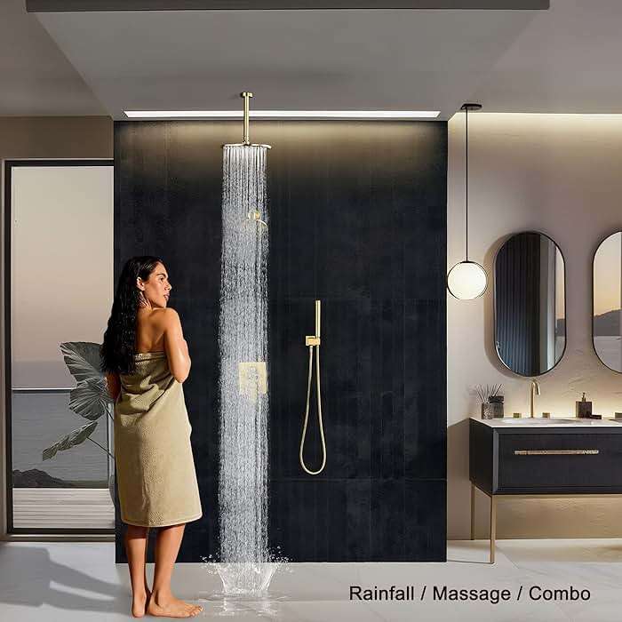 Tomfaucet Rain Shower System, Push Button Diverter Shower Faucet Set with 2 in 1 Handheld Spray, Wall Mount Shower, Ceiling Mount Shower Head 3-Function Rainfall Shower System-Brushed Gold - Image 4
