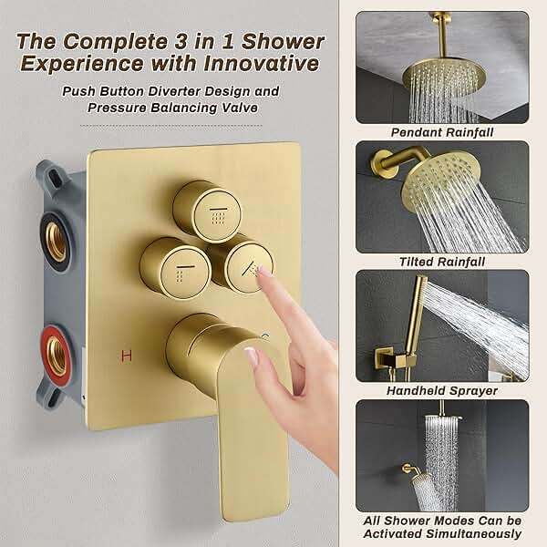 Tomfaucet Rain Shower System, Push Button Diverter Shower Faucet Set with 2 in 1 Handheld Spray, Wall Mount Shower, Ceiling Mount Shower Head 3-Function Rainfall Shower System-Brushed Gold - Image 5