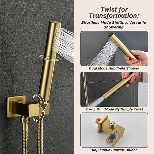 Tomfaucet Rain Shower System, Push Button Diverter Shower Faucet Set with 2 in 1 Handheld Spray, Wall Mount Shower, Ceiling Mount Shower Head 3-Function Rainfall Shower System-Brushed Gold - Image 6