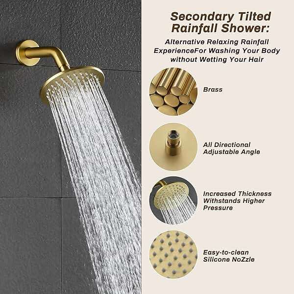 Tomfaucet Rain Shower System, Push Button Diverter Shower Faucet Set with 2 in 1 Handheld Spray, Wall Mount Shower, Ceiling Mount Shower Head 3-Function Rainfall Shower System-Brushed Gold - Image 7