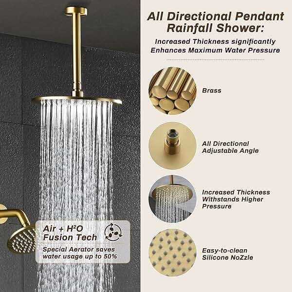 Tomfaucet Rain Shower System, Push Button Diverter Shower Faucet Set with 2 in 1 Handheld Spray, Wall Mount Shower, Ceiling Mount Shower Head 3-Function Rainfall Shower System-Brushed Gold - Image 8