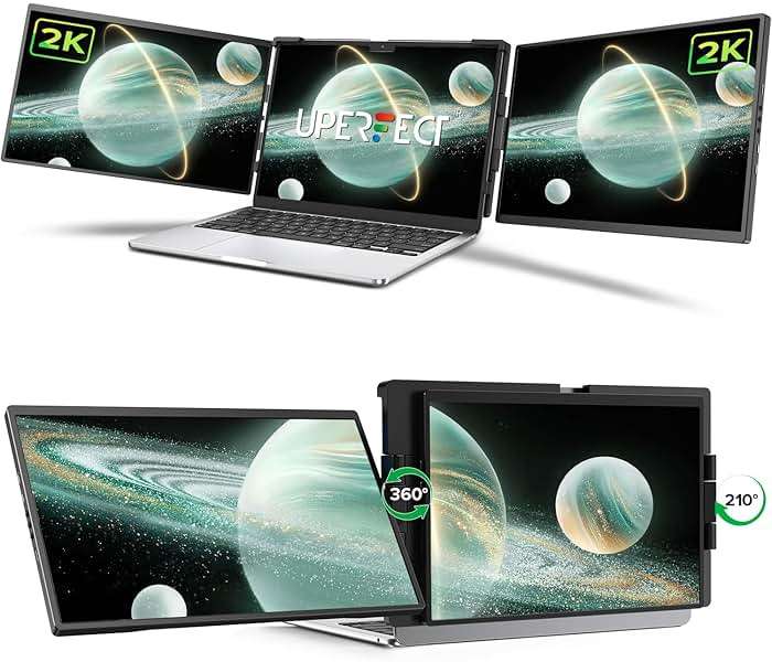 UPERFECT Laptop Screen Extender, 2K 14" 360° Patented Unique Swivel Hinge Triple Monitor, 2240x1400 QHD IPS Portable Dual Monitor for 13.3"-17.3'' Laptops, Plug & Play with Mac, Wins, Android - Image 1