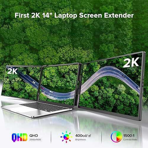 UPERFECT Laptop Screen Extender, 2K 14" 360° Patented Unique Swivel Hinge Triple Monitor, 2240x1400 QHD IPS Portable Dual Monitor for 13.3"-17.3'' Laptops, Plug & Play with Mac, Wins, Android - Image 2