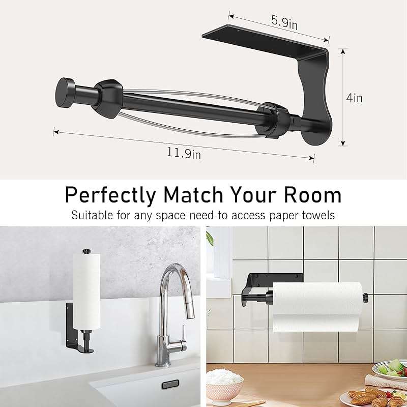 SetSail Paper Towel Holder, Single Hand Operable Paper Towel Holder Under Cabinet with Adjustable Damper, Easy Tear, Wall Mount, Self-Adhesive or Drilled for Kitchen Bathroom, Black - Image 3