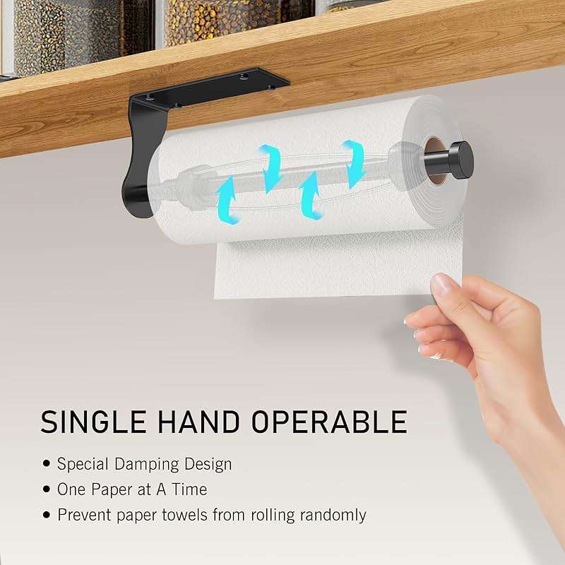 SetSail Paper Towel Holder, Single Hand Operable Paper Towel Holder Under Cabinet with Adjustable Damper, Easy Tear, Wall Mount, Self-Adhesive or Drilled for Kitchen Bathroom, Black - Image 5