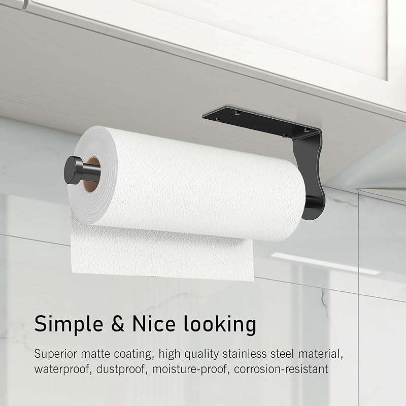 SetSail Paper Towel Holder, Single Hand Operable Paper Towel Holder Under Cabinet with Adjustable Damper, Easy Tear, Wall Mount, Self-Adhesive or Drilled for Kitchen Bathroom, Black - Image 7