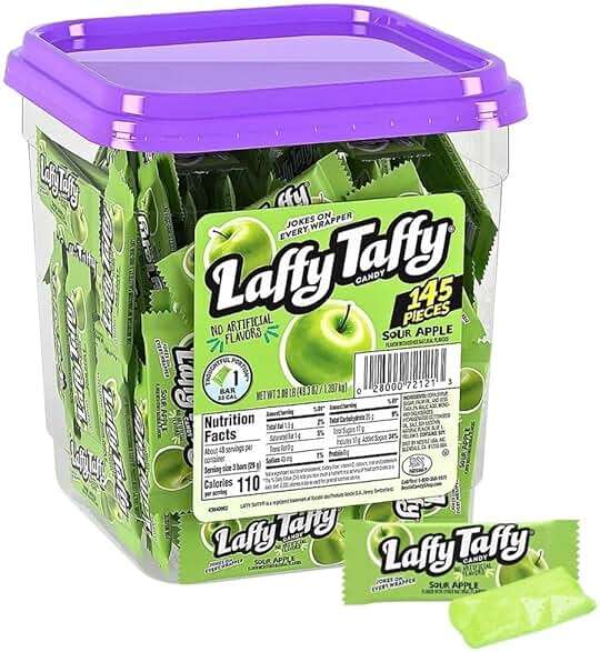 Laffy Taffy Sour Apple Mini Bars Bulk Candy Tub 145 Ct | Individually Wrapped Chewy Fruit Candy, Party Favors, Office Snacks, Classroom Treats, Sour Apple Flavor Candy Bucket for Kids & Adults - Image 1