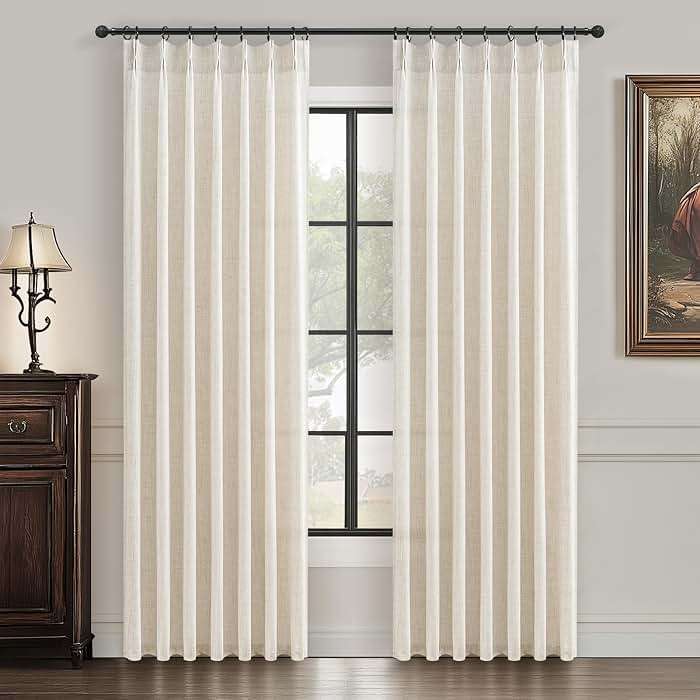 Pinch Pleat Thick Linen Viral Curtains 84 Inch Length 2 Panels Set for Living Room,Cream Beige Neutral Pleated Semi Sheer Curtain Light Filtering Privacy Let Light in Bedroom Window Drapes 40" Wx84 L - Image 1