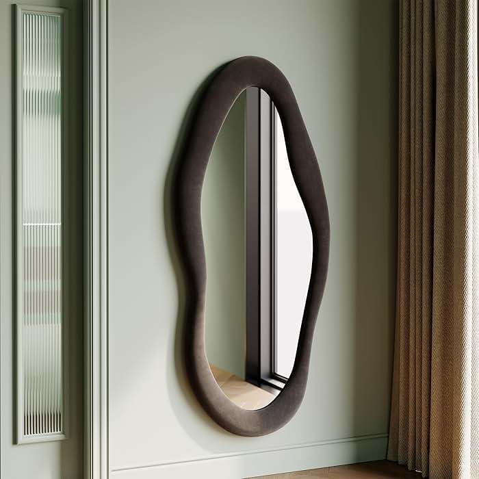 Honyee 55" x 24" Wavy Mirror, Flannel Wrapped Wooden Frame, Irregular Hanging for Cloakroom/Bedroom/Living Room, Black - Image 1