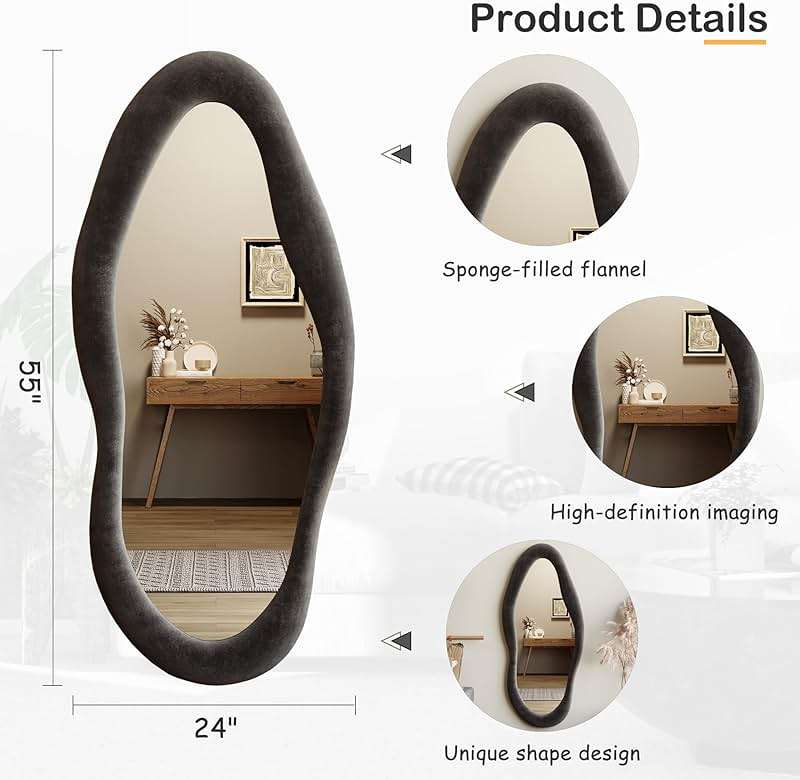 Honyee 55" x 24" Wavy Mirror, Flannel Wrapped Wooden Frame, Irregular Hanging for Cloakroom/Bedroom/Living Room, Black - Image 2