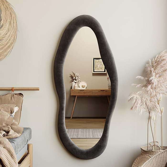 Honyee 55" x 24" Wavy Mirror, Flannel Wrapped Wooden Frame, Irregular Hanging for Cloakroom/Bedroom/Living Room, Black - Image 3