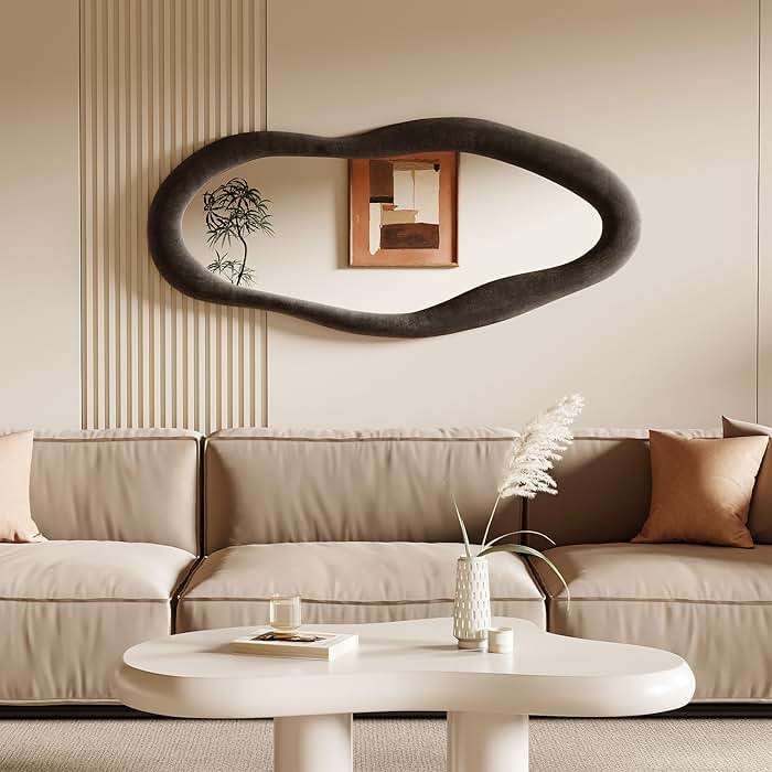Honyee 55" x 24" Wavy Mirror, Flannel Wrapped Wooden Frame, Irregular Hanging for Cloakroom/Bedroom/Living Room, Black - Image 4