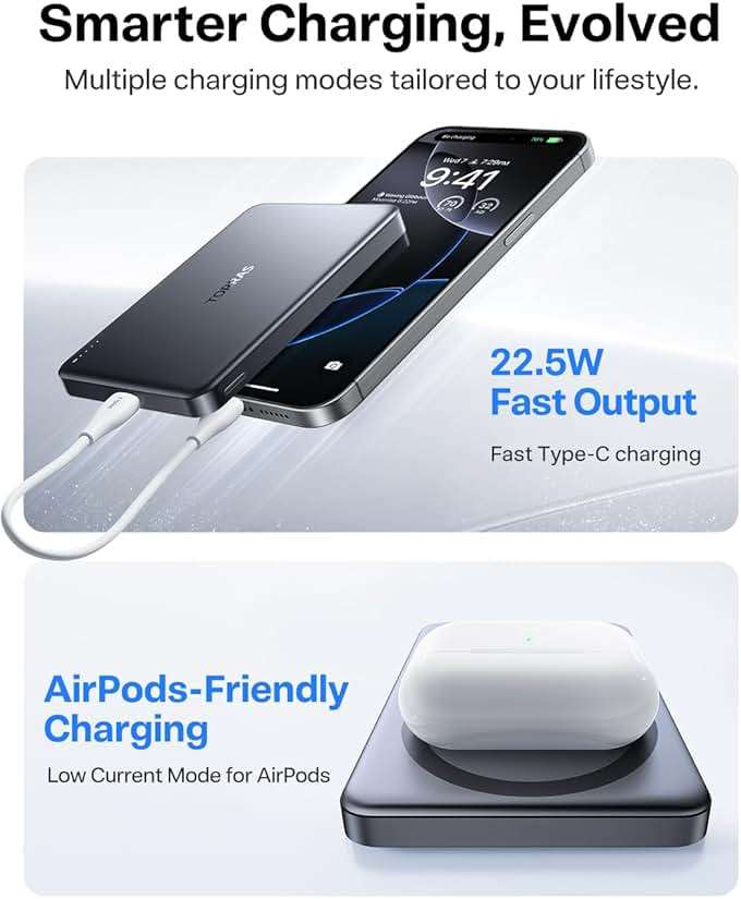 TORRAS MiniMag Power Bank,Ultra-Slim 10,000mAh Magnetic Wireless Portable Charger, 22.5W Fast Charging iPhone Air Magnetic Battery Pack Designed for iPhone 17 Pro Max/17 Pro/Air/16/15/14/13/12, Gray - Image 5