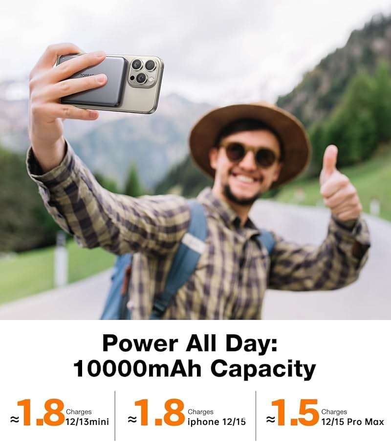 TORRAS MiniMag Power Bank,Ultra-Slim 10,000mAh Magnetic Wireless Portable Charger, 22.5W Fast Charging iPhone Air Magnetic Battery Pack Designed for iPhone 17 Pro Max/17 Pro/Air/16/15/14/13/12, Gray - Image 6