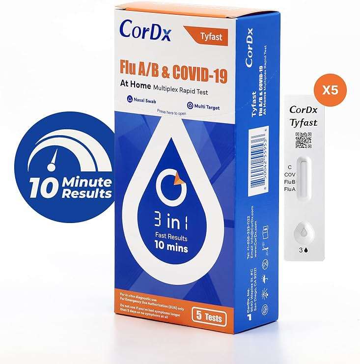 CorDx TyFast 10 Mins Flu A/B & Covid 19 Multiplex Rapid Test, Results in 10 Minutes—Precision Skip The 15 Wait, EUA Authorized, at Home 3 in 1 Combo Kit, 5 Tests, Use-Friendly & No Discomfort - Image 2