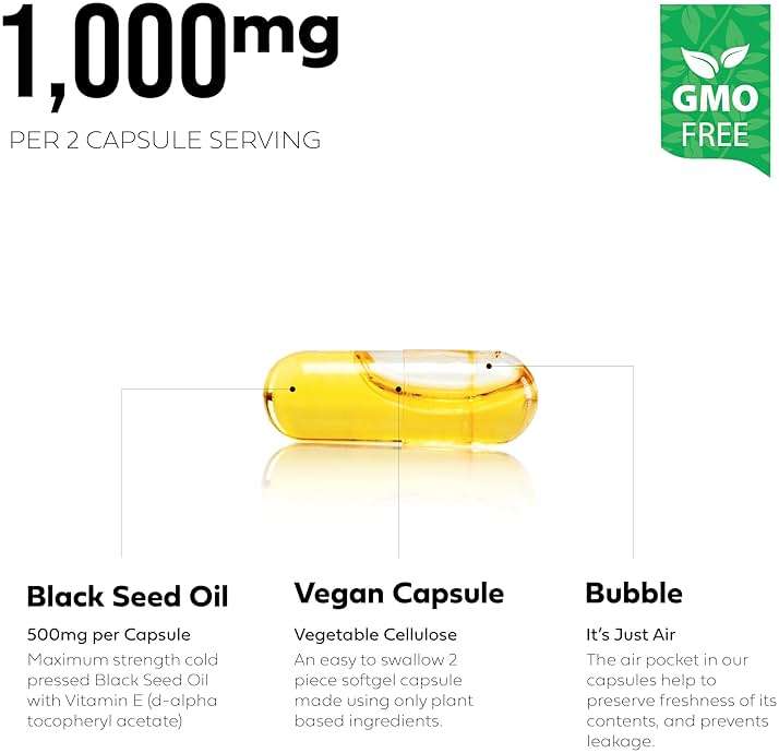 Black Seed Oil Capsules | (Non-GMO & Vegan) Cold-Pressed Nigella Sativa Providing Pure Black Cumin Seed Oil | Super Antioxidant for Digestion, Joints, Hair & Skin | 500mg per Capsule - Image 3