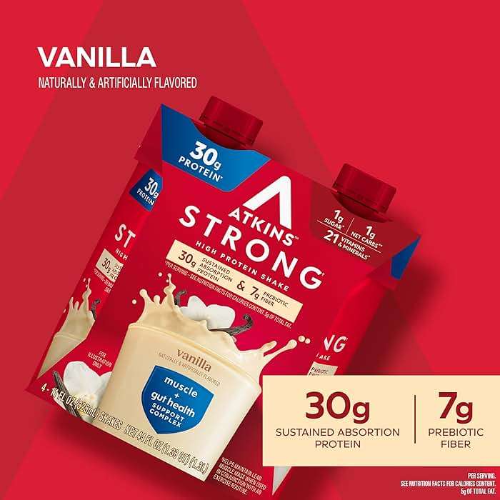 Atkins Strong High Protein Shake, Vanilla Flavored, 30g Protein, Low Carb and Low Sugar Shake, Keto Friendly, Gluten Free, Muscle and Gut Health Support Complex, 12 Count - Image 4