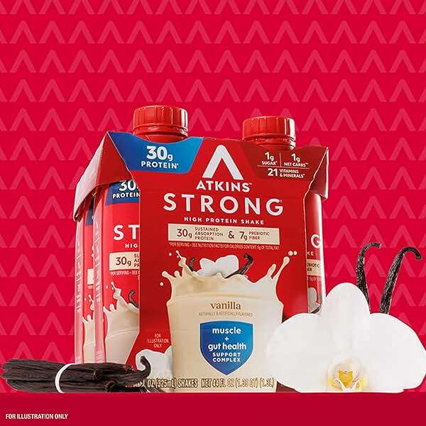 Atkins Strong High Protein Shake, Vanilla Flavored, 30g Protein, Low Carb and Low Sugar Shake, Keto Friendly, Gluten Free, Muscle and Gut Health Support Complex, 12 Count - Image 7