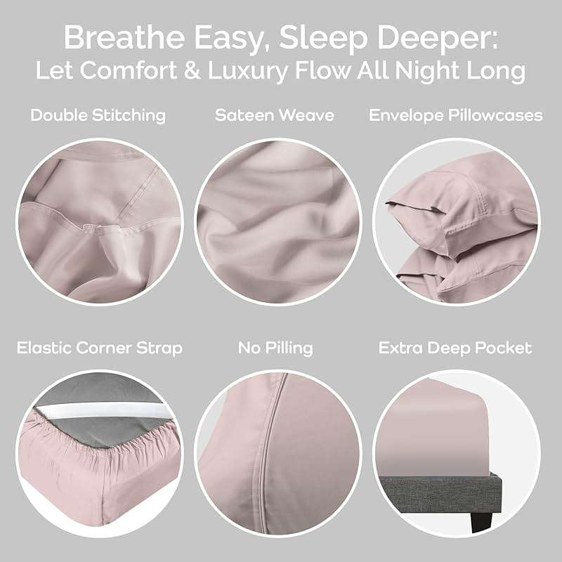Bamtek Viscose Bamboo Sheets Queen Size 4PC Set - Cooling Bedding for Hot Sleepers with Moisture Wicking Technology - Silky Soft 18 Inch Deep Pocket - Blush 60"x 80" - Image 5