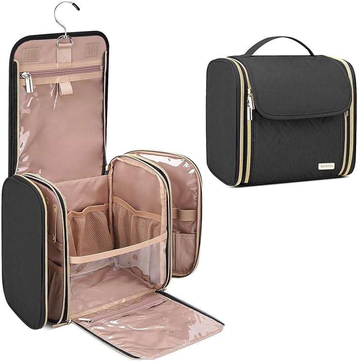 TBTOTRA Hanging Toiletry Bag & Makeup Bag for Women with Jewelry Organizer - TSA Approved Large Capacity Travel Cosmetic Organizer, Waterproof Shower Essentials Case with Transparent Pockets, Black - Image 1