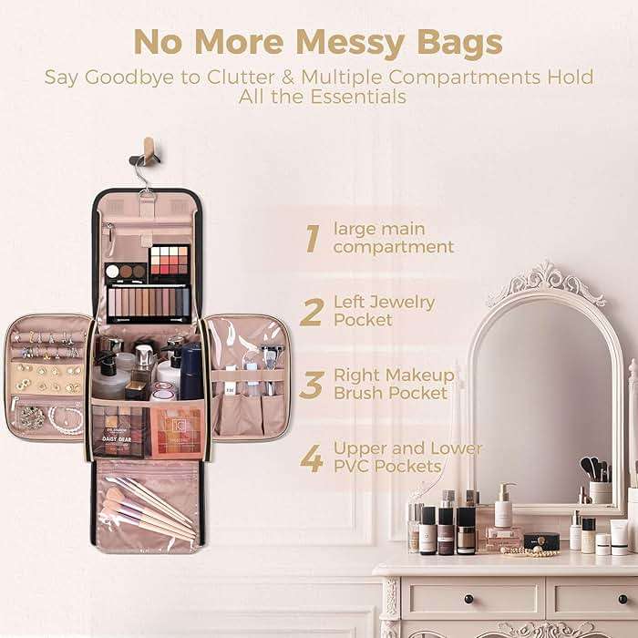 TBTOTRA Hanging Toiletry Bag & Makeup Bag for Women with Jewelry Organizer - TSA Approved Large Capacity Travel Cosmetic Organizer, Waterproof Shower Essentials Case with Transparent Pockets, Black - Image 3