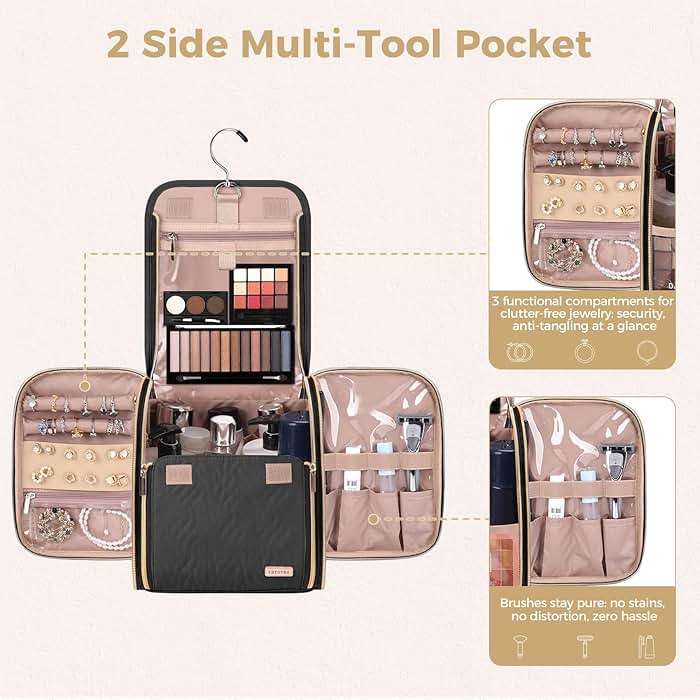 TBTOTRA Hanging Toiletry Bag & Makeup Bag for Women with Jewelry Organizer - TSA Approved Large Capacity Travel Cosmetic Organizer, Waterproof Shower Essentials Case with Transparent Pockets, Black - Image 6