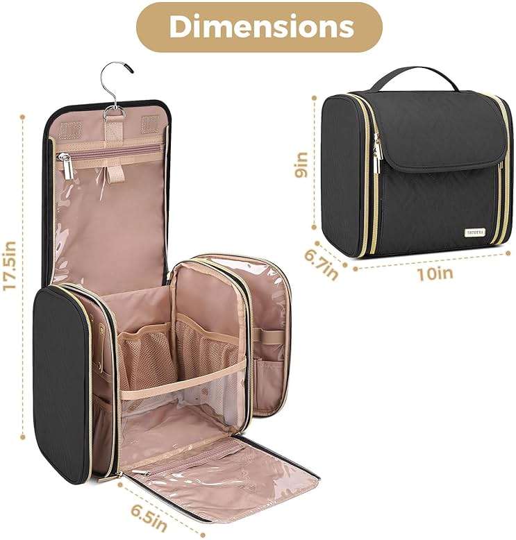 TBTOTRA Hanging Toiletry Bag & Makeup Bag for Women with Jewelry Organizer - TSA Approved Large Capacity Travel Cosmetic Organizer, Waterproof Shower Essentials Case with Transparent Pockets, Black - Image 7