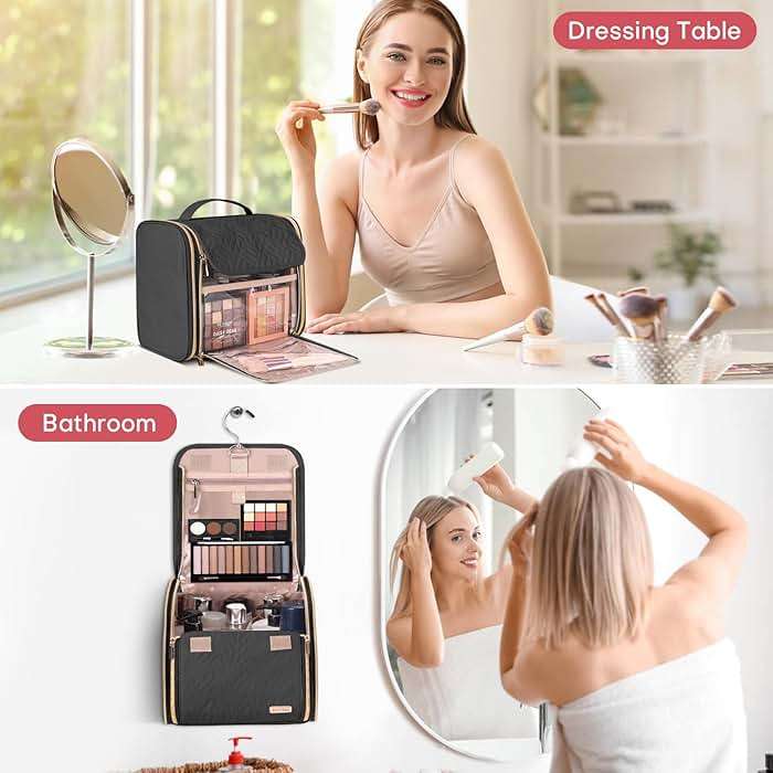 TBTOTRA Hanging Toiletry Bag & Makeup Bag for Women with Jewelry Organizer - TSA Approved Large Capacity Travel Cosmetic Organizer, Waterproof Shower Essentials Case with Transparent Pockets, Black - Image 8