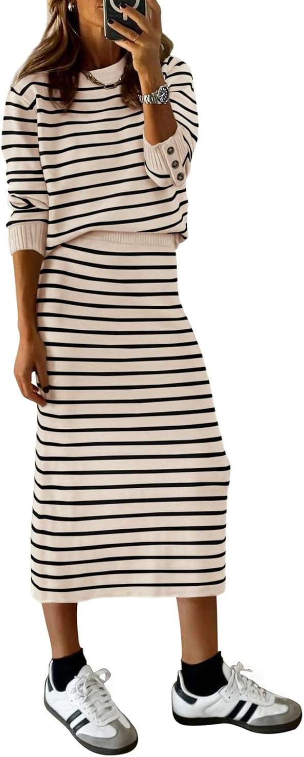PRETTYGARDEN 2 Piece Skirts Sets for Women Fall Fashion 2026 Striped Sweater Dress Knit Lounge Travel Outfits Winter Clothing - Image 1