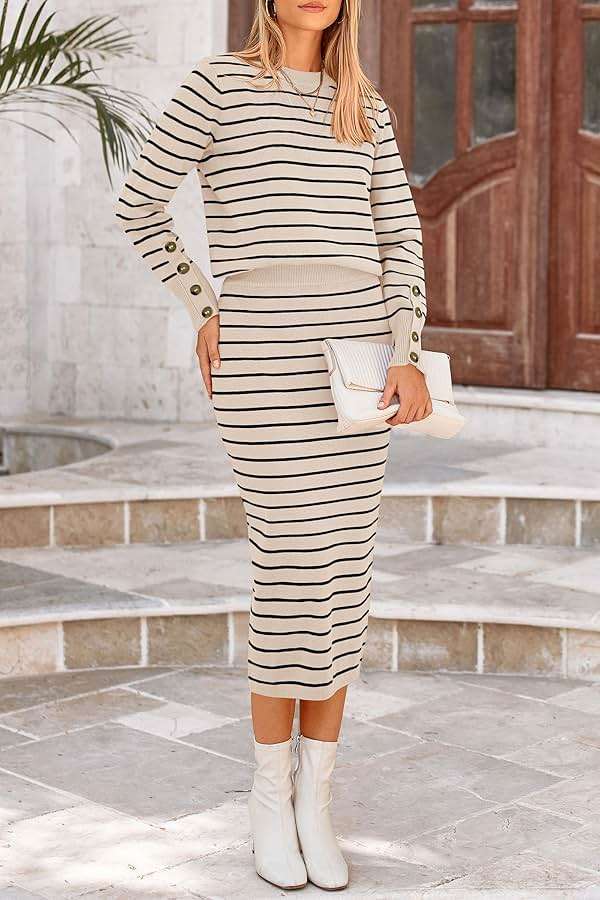 PRETTYGARDEN 2 Piece Skirts Sets for Women Fall Fashion 2026 Striped Sweater Dress Knit Lounge Travel Outfits Winter Clothing - Image 4