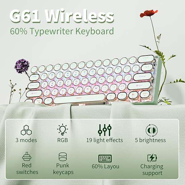 EWEADN G61 Typewriter Keyboard Wireless Mechanical Keyboards, 60% Mini Typewriter Keyboard with Rainbow Backlit, Anti-Ghosting, Red Switch Bluetooth/2.4GHz/USB-C Cute Aesthetic Keyboards-Green - Image 2