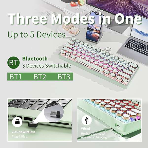 EWEADN G61 Typewriter Keyboard Wireless Mechanical Keyboards, 60% Mini Typewriter Keyboard with Rainbow Backlit, Anti-Ghosting, Red Switch Bluetooth/2.4GHz/USB-C Cute Aesthetic Keyboards-Green - Image 3