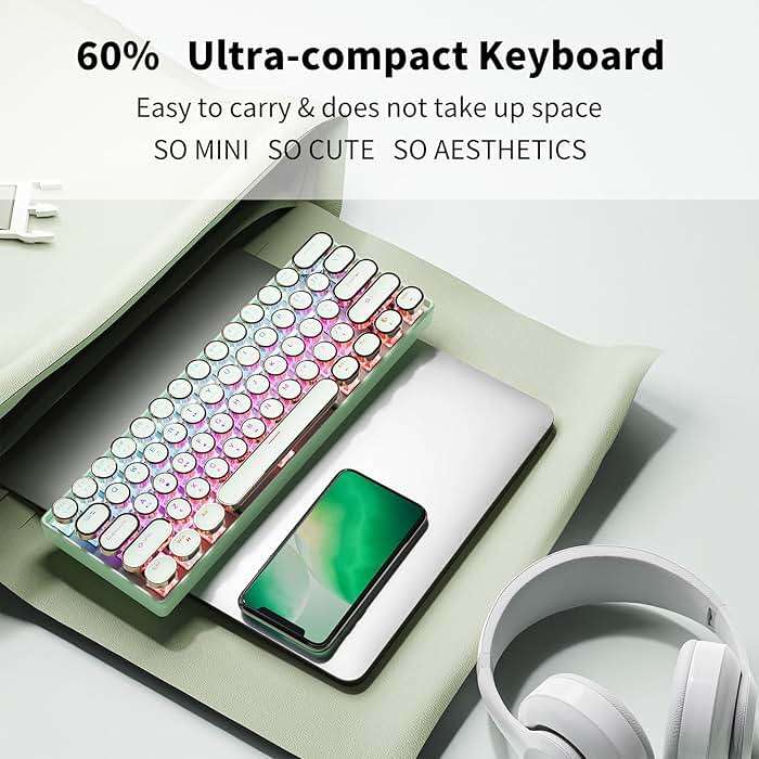 EWEADN G61 Typewriter Keyboard Wireless Mechanical Keyboards, 60% Mini Typewriter Keyboard with Rainbow Backlit, Anti-Ghosting, Red Switch Bluetooth/2.4GHz/USB-C Cute Aesthetic Keyboards-Green - Image 6