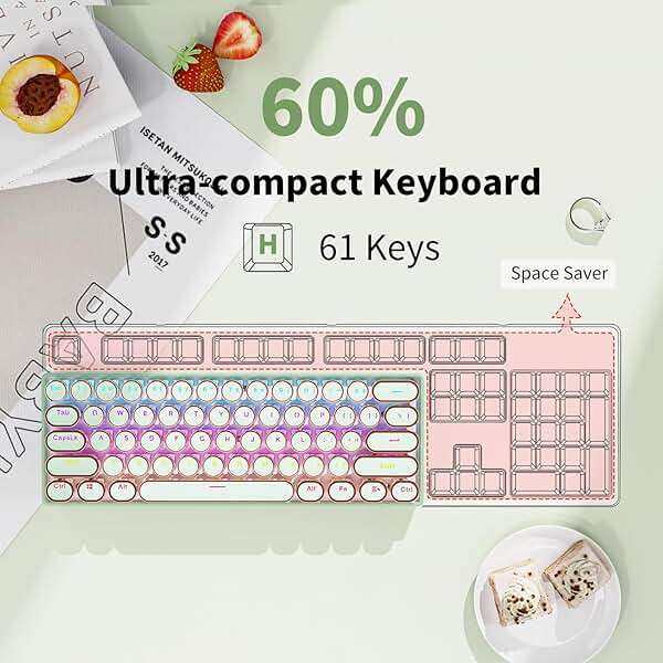 EWEADN G61 Typewriter Keyboard Wireless Mechanical Keyboards, 60% Mini Typewriter Keyboard with Rainbow Backlit, Anti-Ghosting, Red Switch Bluetooth/2.4GHz/USB-C Cute Aesthetic Keyboards-Green - Image 7