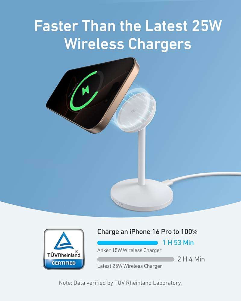 Anker MagGo iPhone 17 MagSafe Charger Compatible Stand, 15W Fast Magnetic Wireless Charging Station, Qi2 Certified 360° Wireless Charger (White, with Cable) - Image 3