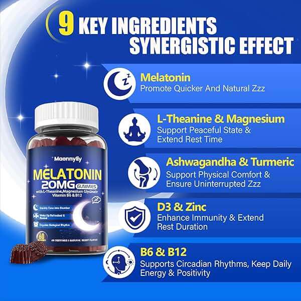 Maennyliy Melatonin 20mg Gummies for Adults - Sugar Free Melatonin Gummies Extra Strength with L-Theanine, Magnesium, Ashwagandha, Turmeric, D3 & Zinc - Non-Habit Forming - Image 3