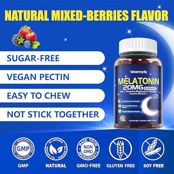 Maennyliy Melatonin 20mg Gummies for Adults - Sugar Free Melatonin Gummies Extra Strength with L-Theanine, Magnesium, Ashwagandha, Turmeric, D3 & Zinc - Non-Habit Forming - Image 6