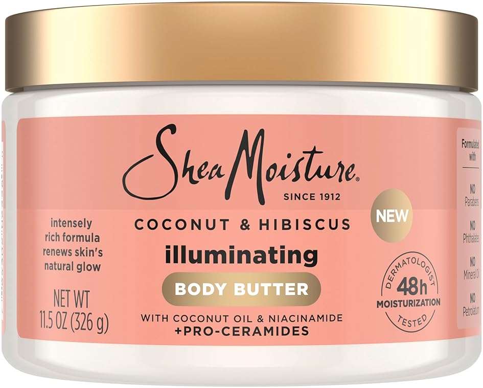 SheaMoisture Illuminating Body Butter with Coconut & Hibiscus, Niacinamide and Pro-Ceramides, Renewing Skin’s Natural Glow, 48H Moisturizing 11.5 oz - Image 1