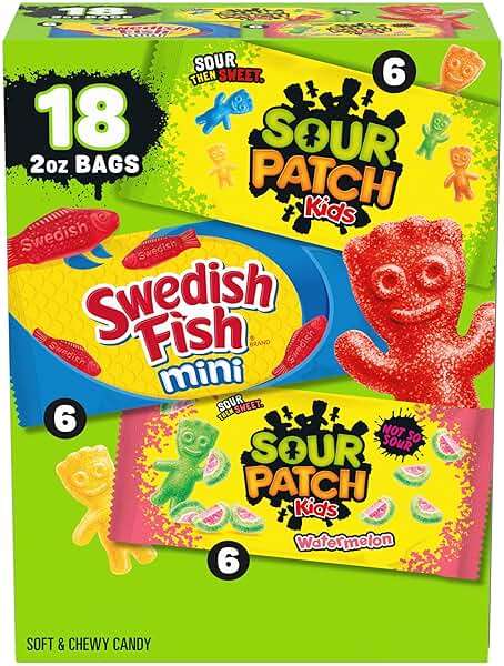 SOUR PATCH KIDS and SWEDISH FISH Mini Soft & Chewy Candy Variety Pack, Bulk Candy, 18-2 oz Bags - Image 1