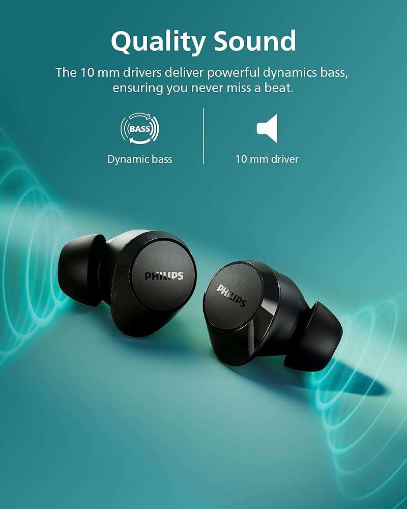 Philips TAT1219 True Wireless Bluetooth Earbuds - 18 Hours Play Time, Dynamic Bass, Clear Calls, IPX4 Water Resistant, Black - Image 2