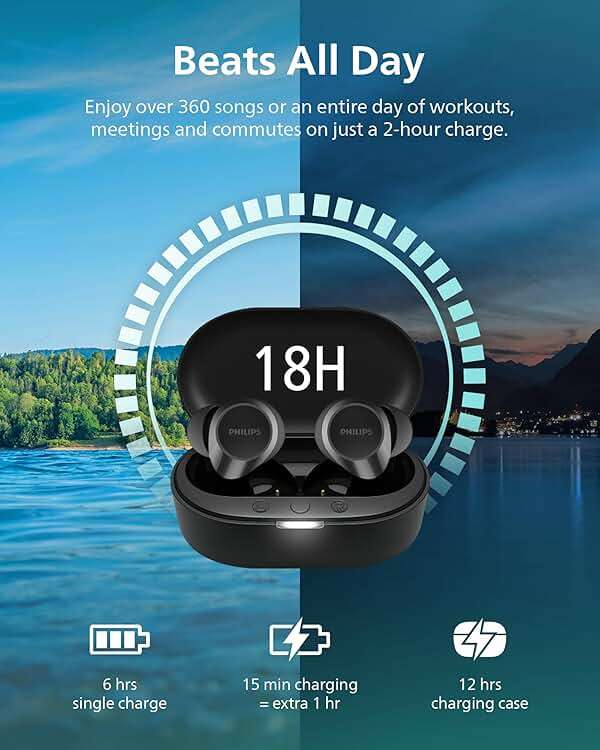 Philips TAT1219 True Wireless Bluetooth Earbuds - 18 Hours Play Time, Dynamic Bass, Clear Calls, IPX4 Water Resistant, Black - Image 4