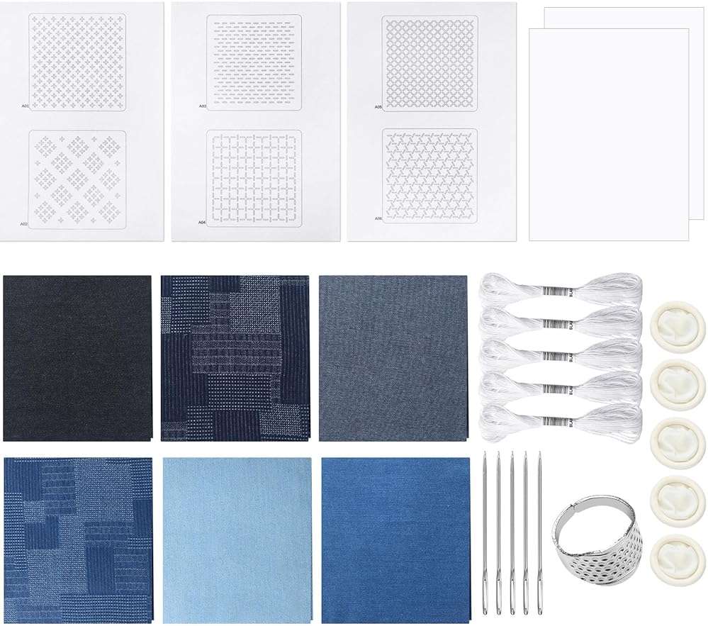 Hahafelt Sashiko Kit Sashiko Thread and Needles Thimble Denim Fabric Water Soluble Japanese Embroidery Kit for Beginners Hand Quilting and Mending, Sewing Supplies - Image 1