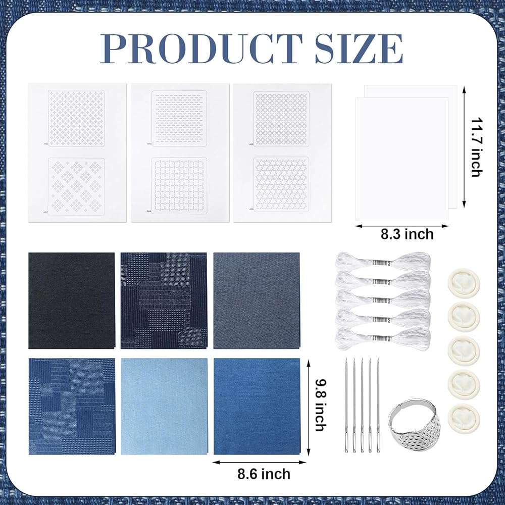 Hahafelt Sashiko Kit Sashiko Thread and Needles Thimble Denim Fabric Water Soluble Japanese Embroidery Kit for Beginners Hand Quilting and Mending, Sewing Supplies - Image 2