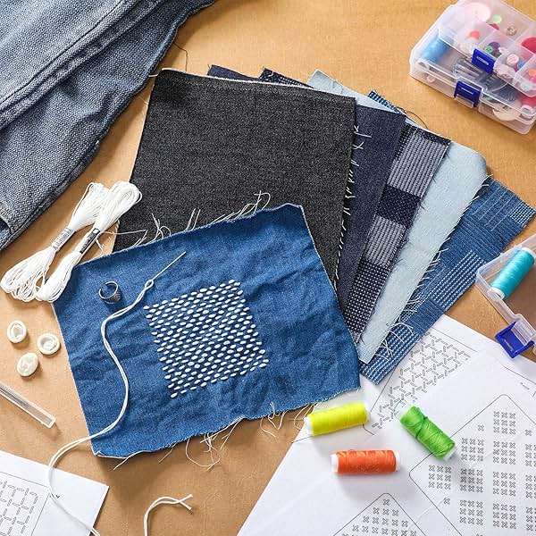 Hahafelt Sashiko Kit Sashiko Thread and Needles Thimble Denim Fabric Water Soluble Japanese Embroidery Kit for Beginners Hand Quilting and Mending, Sewing Supplies - Image 3